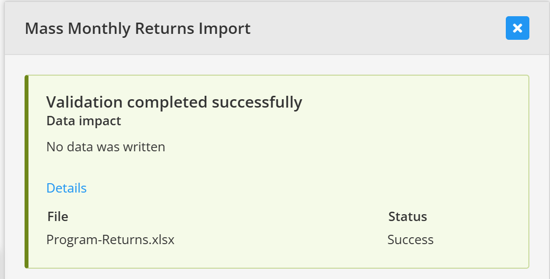 TopSheets mass-import validation confirming that the file passed without writing data