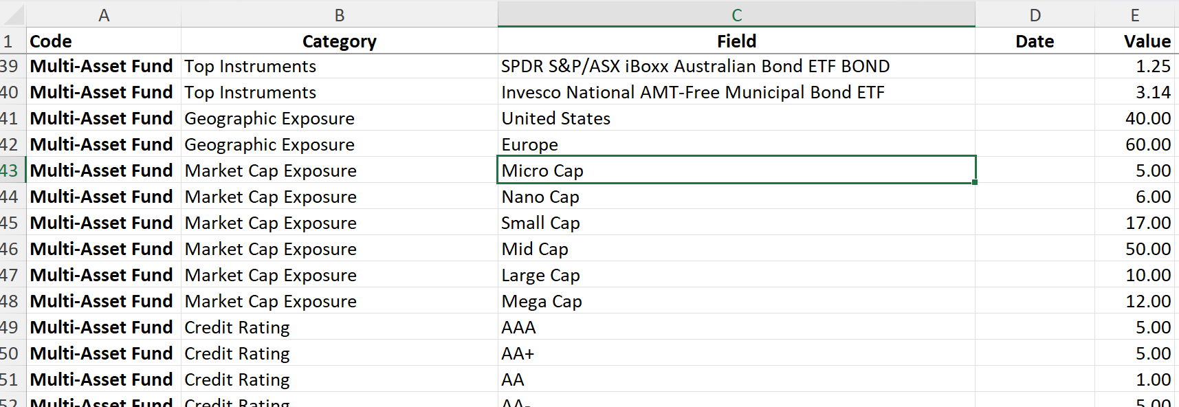 Excel mass-import template with portfolio composition categories, fields and values
