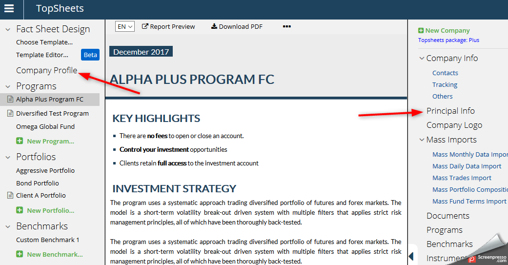 Update the Fund Manager section in your template — To edit company´s manager information go to Company Profile / Principal Info.