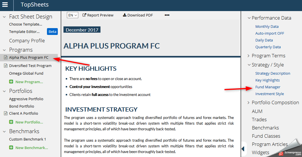 Update the Fund Manager section in your template — To edit specific program´s manager information go to Strategy & Style / Fund Manager.