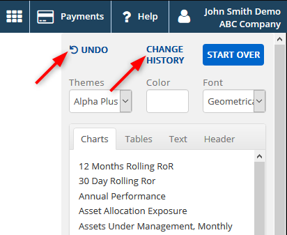 Save changes made to custom template — When working in the editor use “Undo” or “Change history” links to access previously stored versions.
