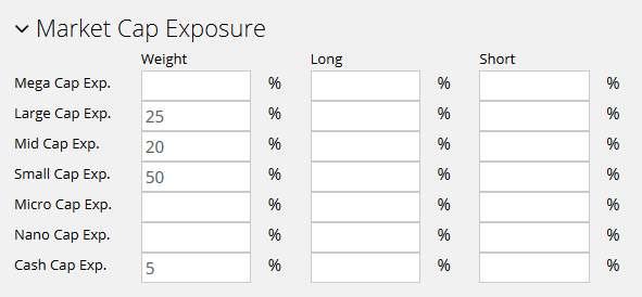 Market Cap Allocation — When entering data manually there are seven capitalization types available (from mega cap exp.