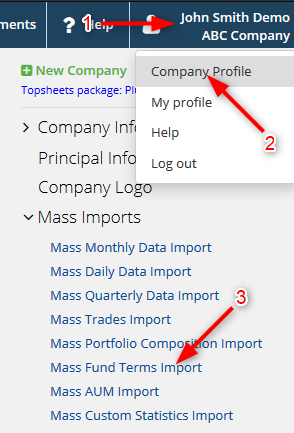 Export Fund Terms / Links to all reports — Go to Company profile / Mass Imports / Mass Fund Terms Import