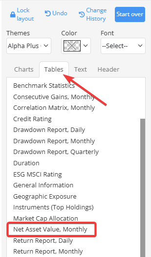 Monthly NAV Prices — The table is available in the template editor (see “Net Asset Value, Monthly” on the Tables tab) and…