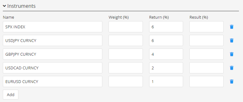 Return (Performance) Contribution — Values can be entered under Portfolio Composition / Instruments – Return Contribution (see screen below)