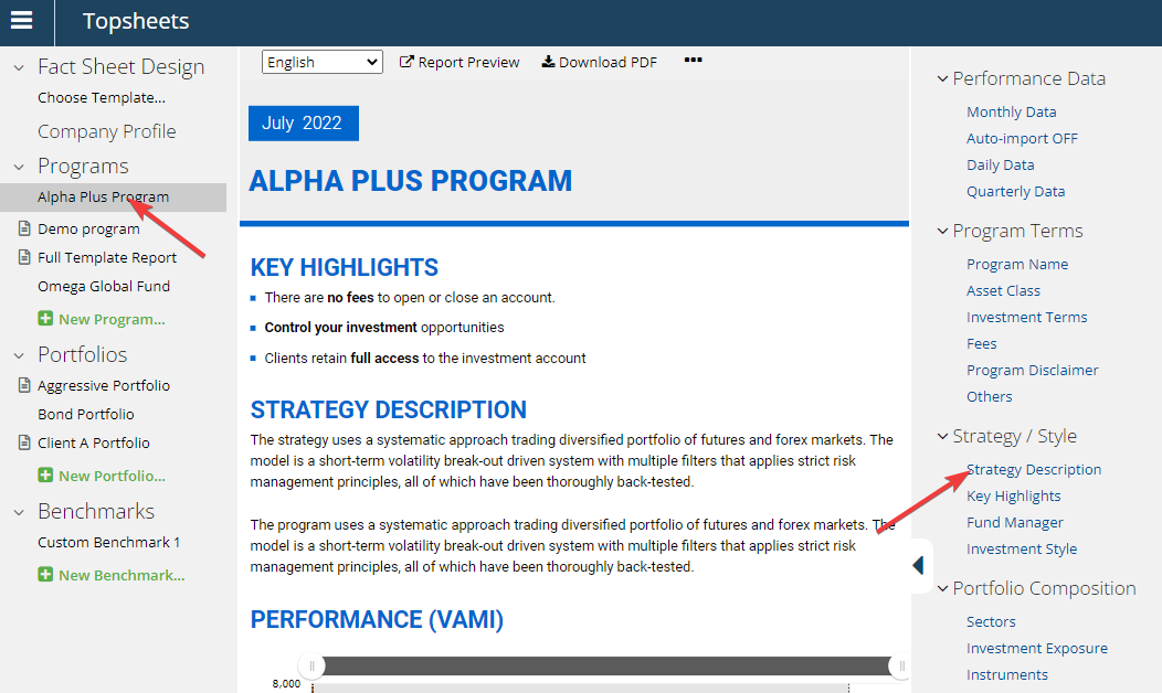 Update programs content — The first step is to select a program in the left sidebar.