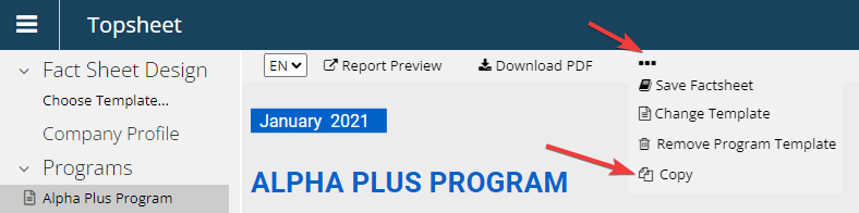 Copy a program — For copying your program, click “three dots” at the top of the middle frame and choose copy.