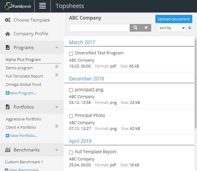 Upload fund documents — Your document will be displayed in Company Profile under the Documents section.
