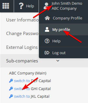 Switch between company profiles / sub-companies — Log in to a sub-company