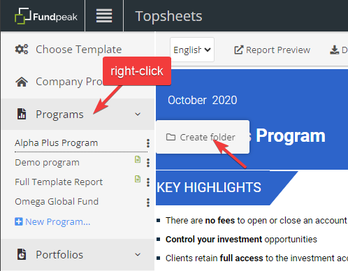 Organize factsheets into folders — Create new folders