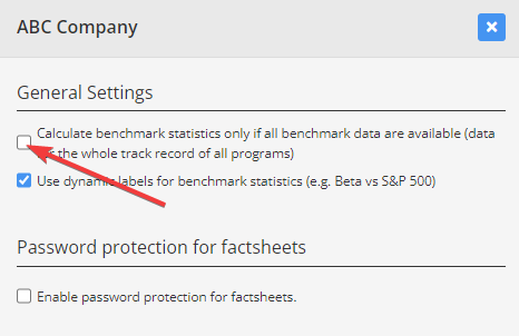 Benchmarks statistics calculation — To change this settings, go to Company Profile / Company Settings and untick the Calculate benchmark…