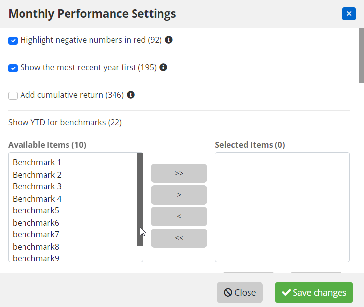 Monthly Performance (Table) — After clicking the “edit settings” icon, the below pop-up window will appear.