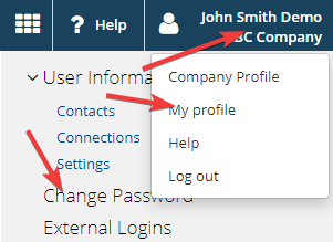 Change password — Click on My profile (see at picture below) 2.