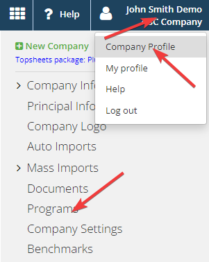 Restore archived factsheets — Open your Company Profile and click Programs in the right sidebar.