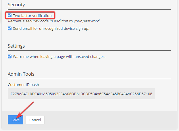 Two-factor authentication (2FA) — Save your settings