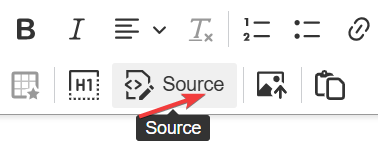 Checking HTML code — Click the “Source” tool in the text editor to view and edit the underlying HTML code.