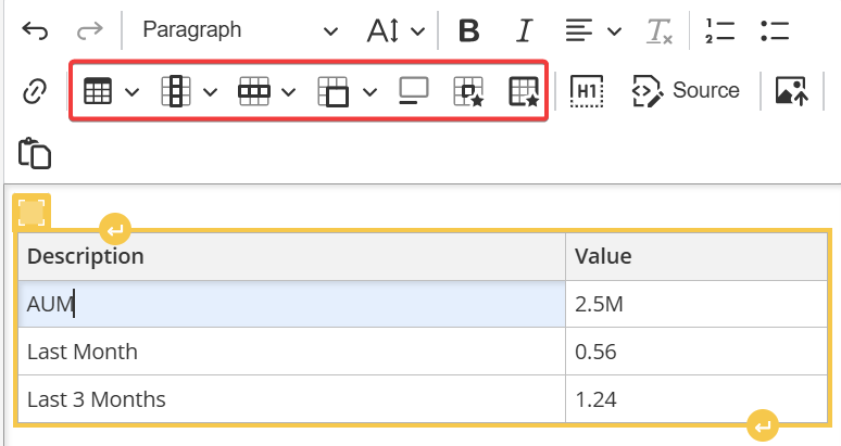 Editing tables in the text editor — Create / edit table